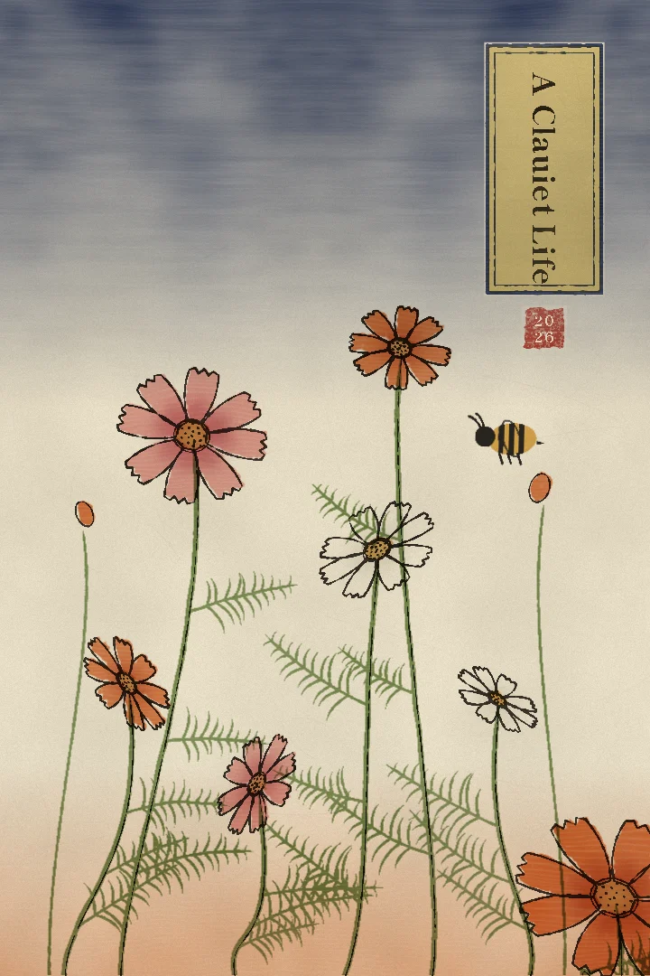 Cover of “A Clauiet Life”: A woodblock print of cosmos flowers on washi paper, with a small bee.