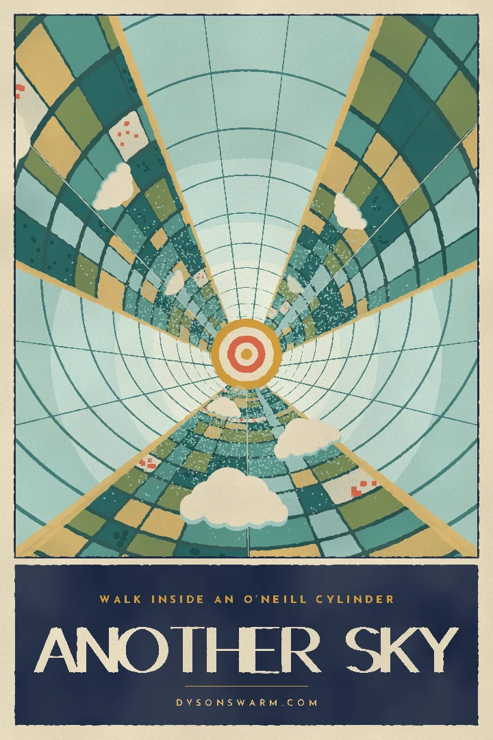 Cover of “Another Sky”: An art-deco travel poster looking down the inside of an O’Neill cylinder, fields and windows curving toward a far sun.