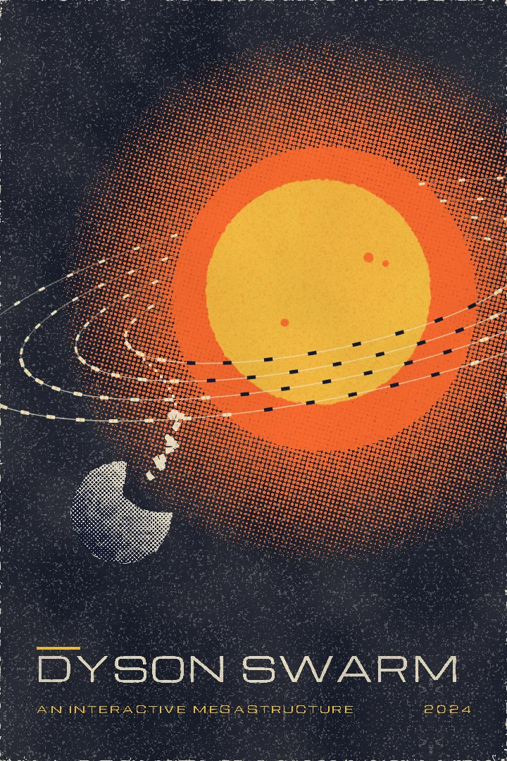 Cover of “Dyson Swarm”: A screenprint of solar collectors orbiting an orange sun while Mercury is taken apart.