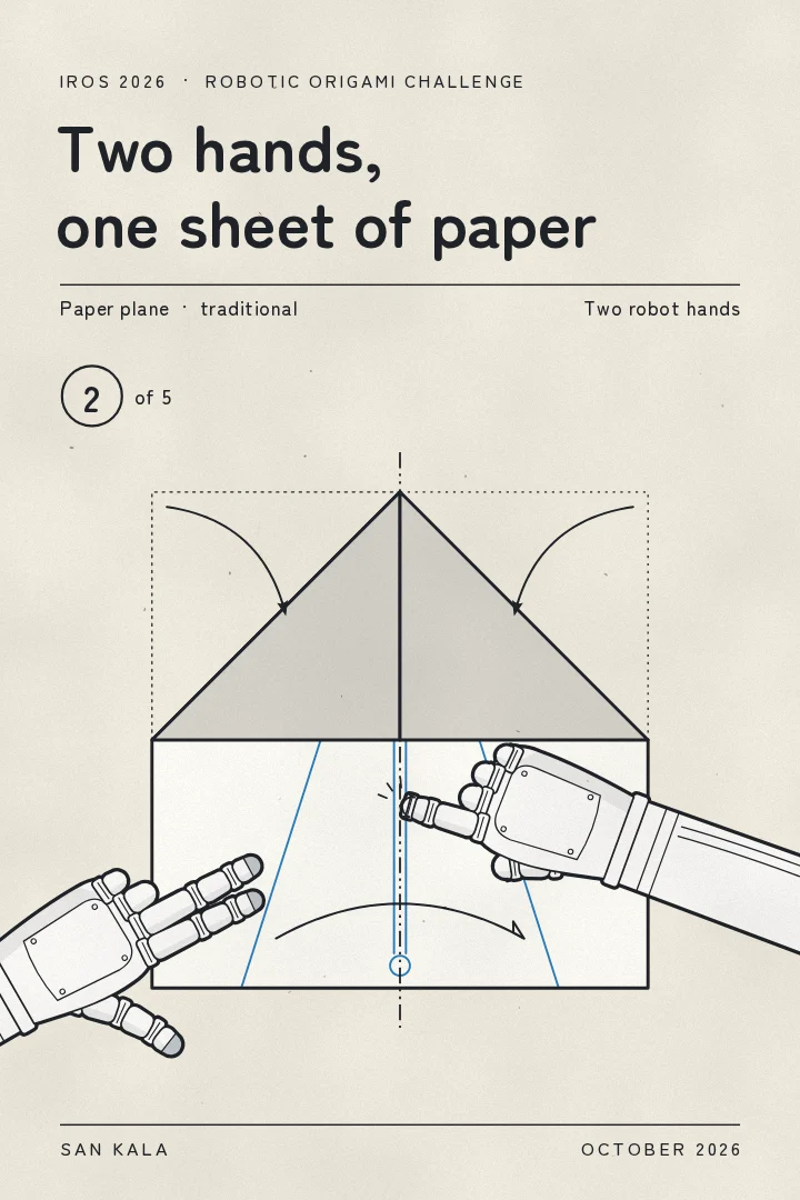 Cover of “Two hands, one sheet of paper”: A page of origami instructions, step 2 of 5: a square sheet with both top corners folded to the centre, a robot hand pressing the centre crease while the other pins the sheet, with dashed and dot-dash fold lines and curved arrows.