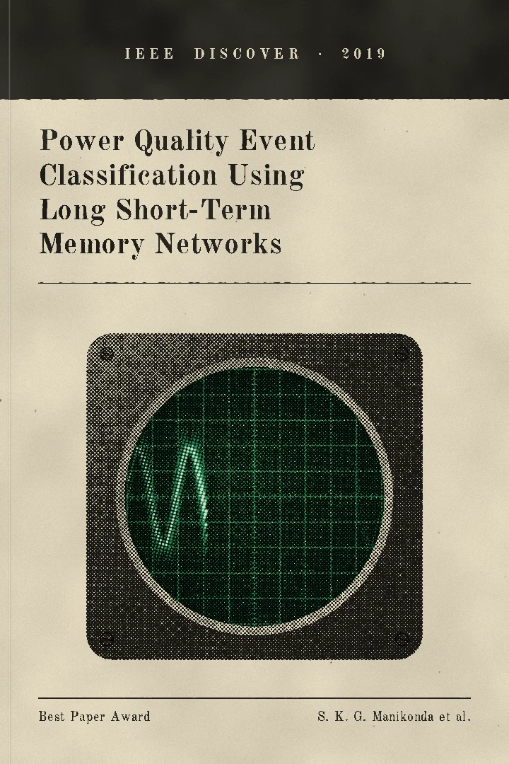 Cover of “Power quality event classification with LSTMs”: A technical journal cover with an oscilloscope showing a sagging waveform.