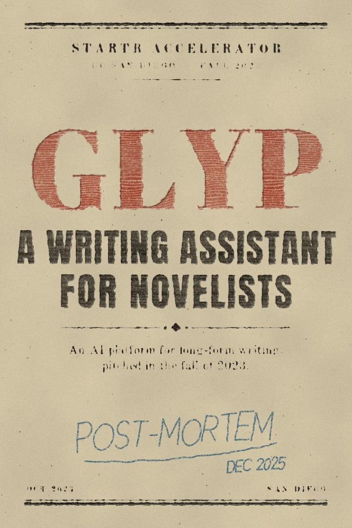 Cover of “Glyp: A Post-Mortem”: A letterpress broadside for Glyp, a writing assistant for novelists, annotated “post-mortem” in blue pencil.