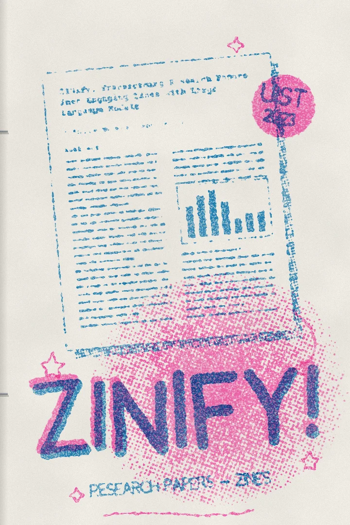 Cover of “ZINify: research to zines”: A pink and blue risograph zine cover: a research paper turning into a zine.