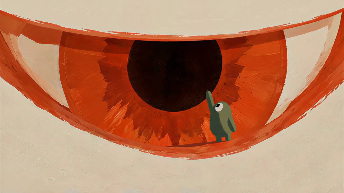 A small painted agent reaches up to an enormous watching eye.
