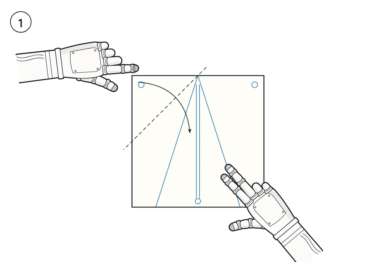 Step 1 of an origami diagram: a square sheet with a dashed valley-fold line across its top-left corner and a curved arrow taking the corner to the centre. A robot hand reaches for the corner; the other pins the sheet.