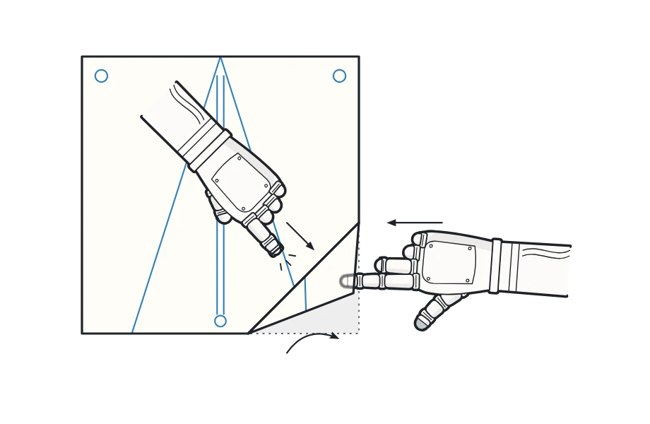 An instruction diagram: one robot hand presses a sheet of paper near its corner and pushes toward it, so the corner rises; the other robot hand slides a fingertip under the corner.