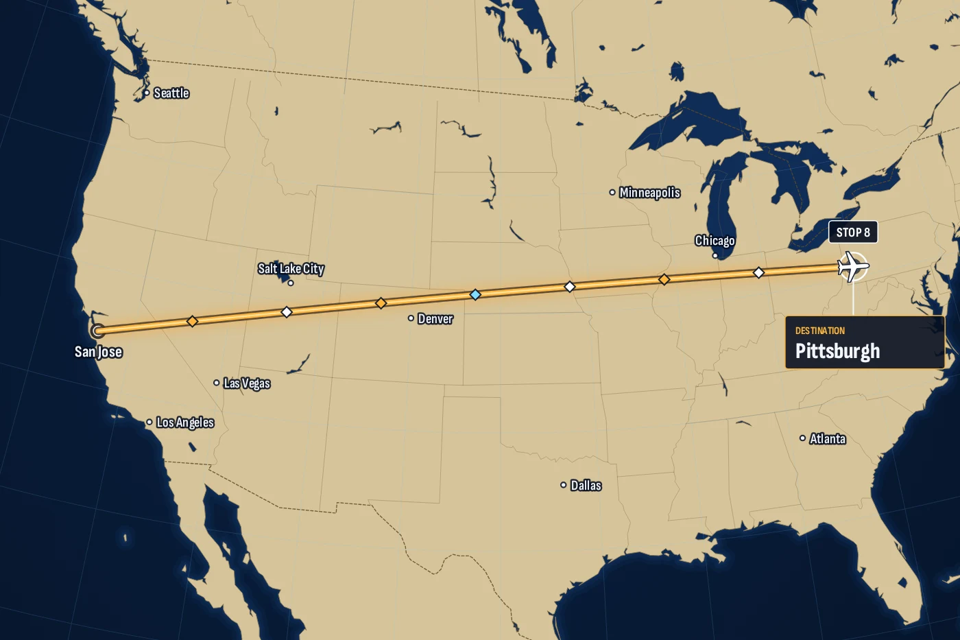 An in-flight map of the United States: a glowing route from San Jose to Pittsburgh, flown to the end, with eight stops along it for the messages and results of the final push.
