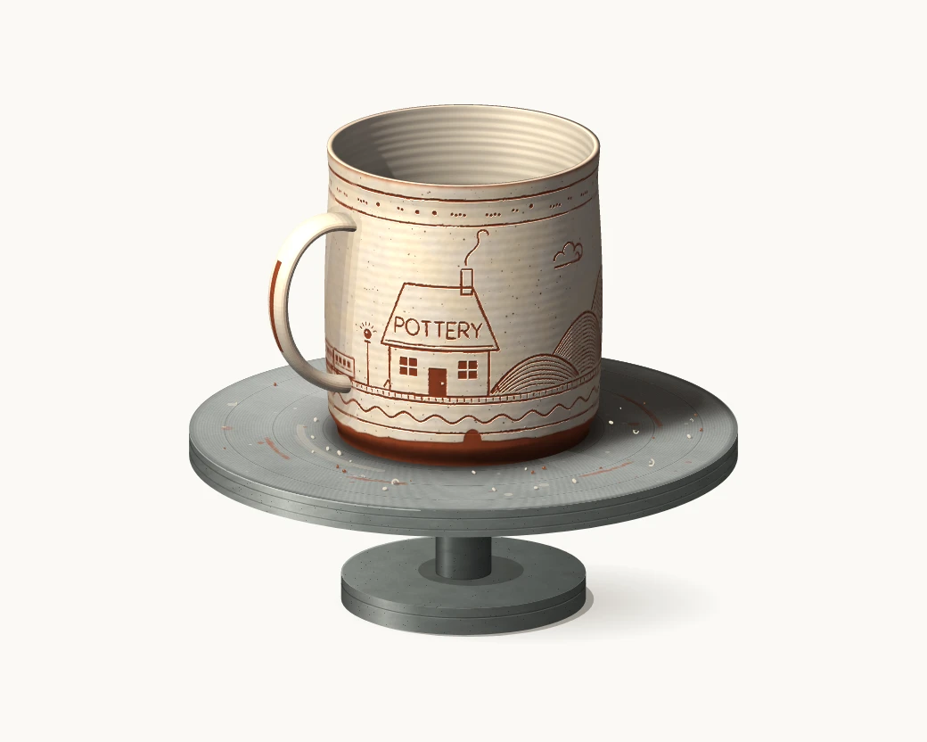 A cup on a potter’s banding wheel, white slip scratched through to red clay. Around its side runs a little landscape: a lamp, a house with POTTERY on the roof, fields climbing, a lake, woods, an orchard and a train.
